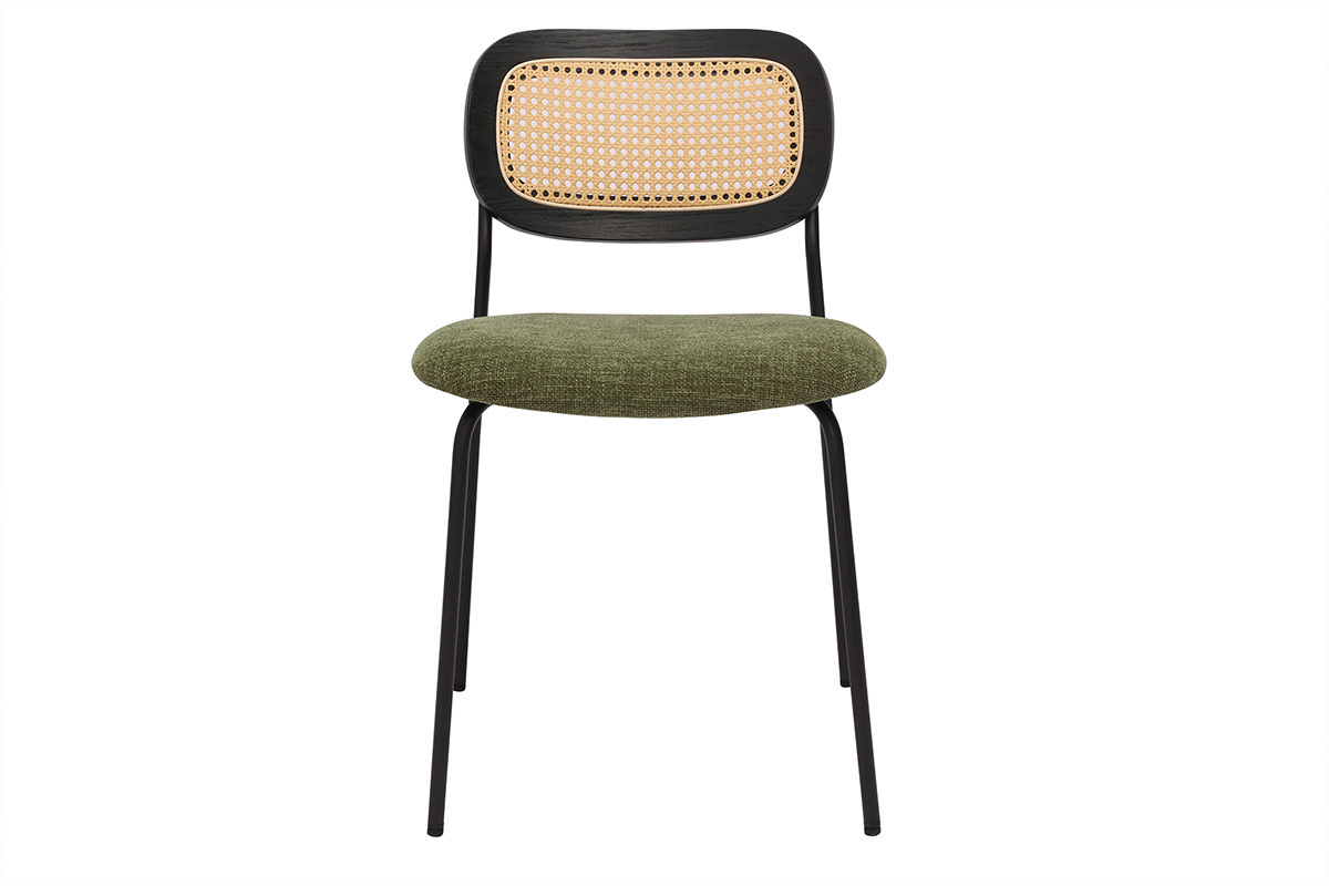 Chaise design face, assise tissu vert kaki, dossier cannage, pieds m�tal noir.