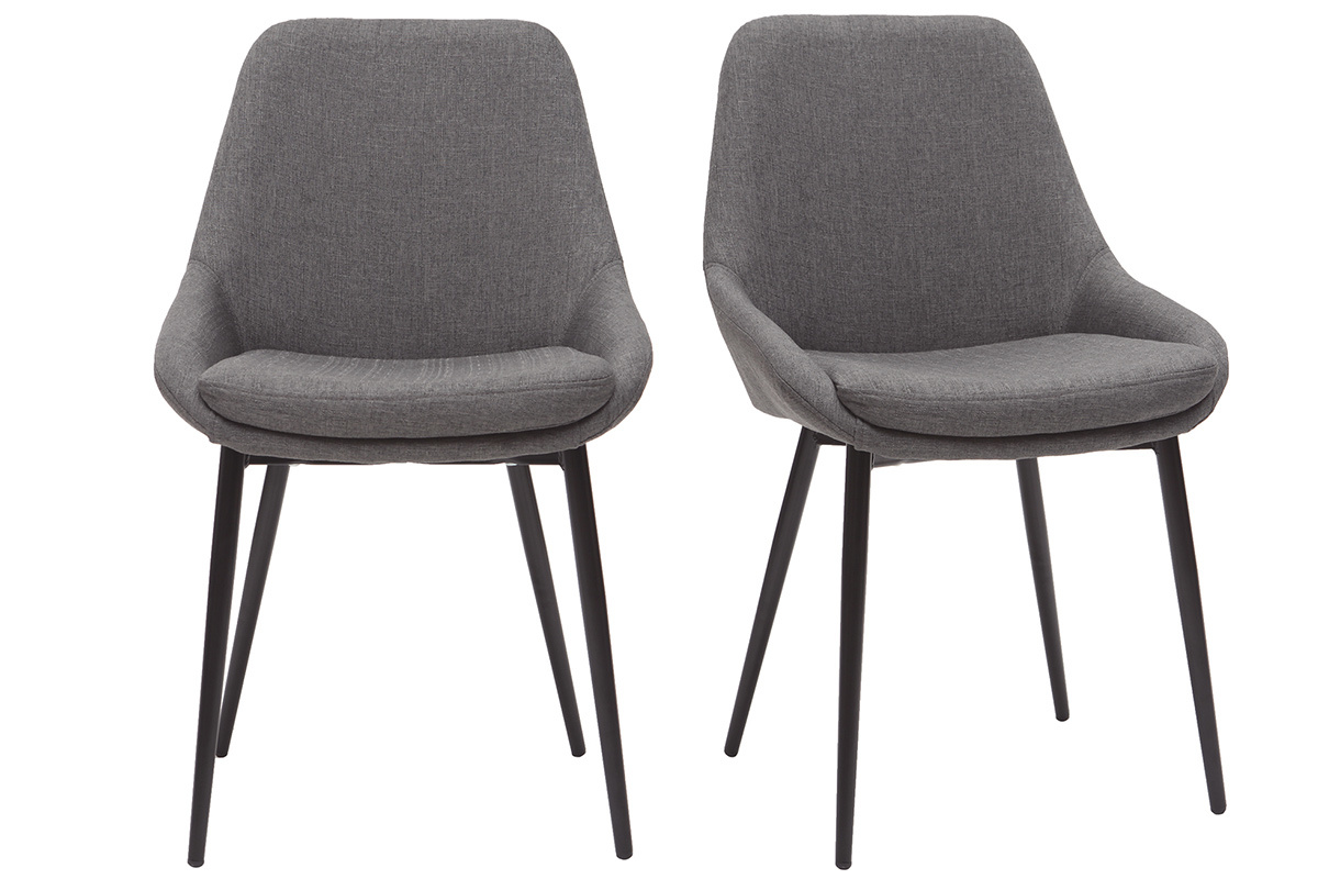 Deux chaises design grises en tissu avec pieds en m�tal noir, vue de face.