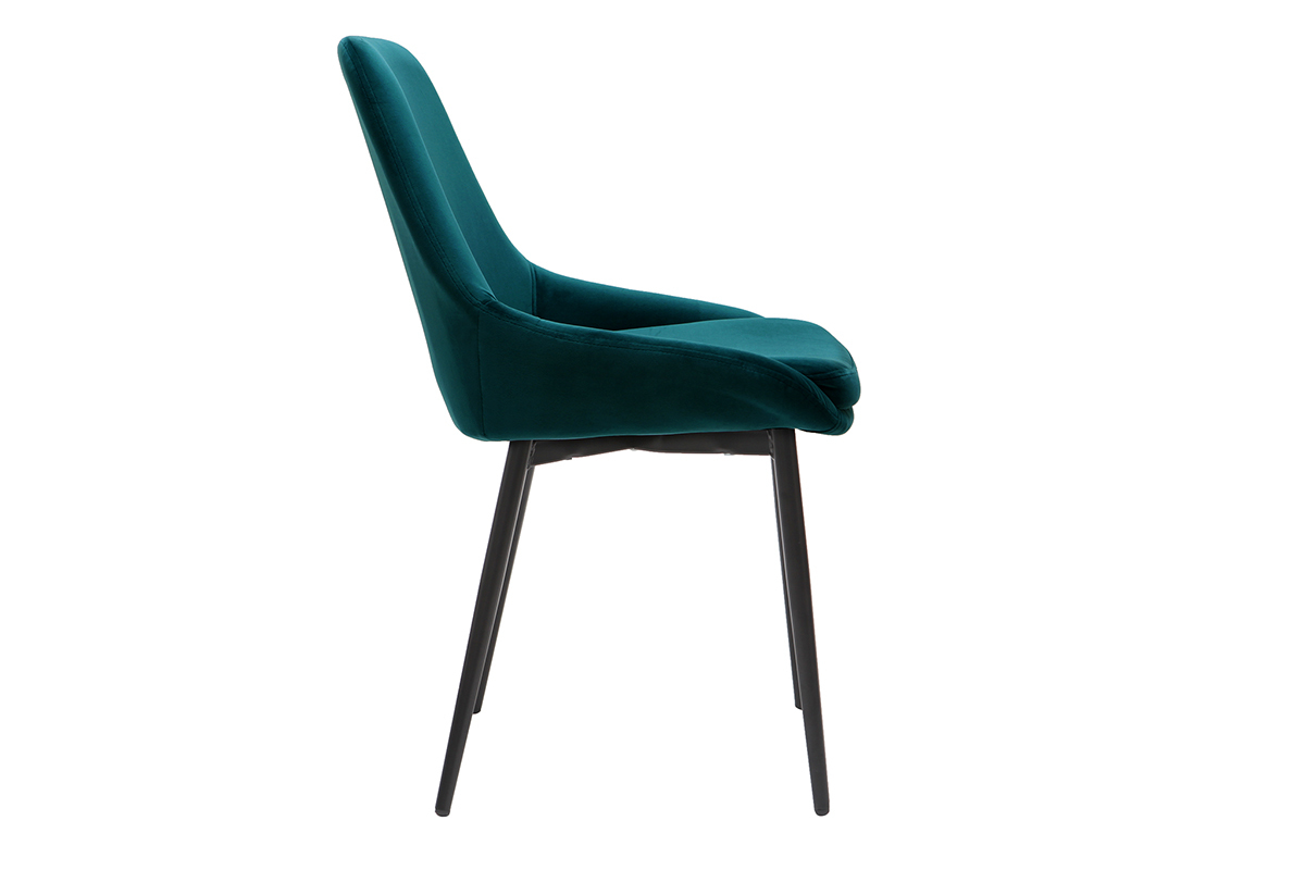 Chaise en velours bleu p�trole, vue de profil, pieds en m�tal noir.