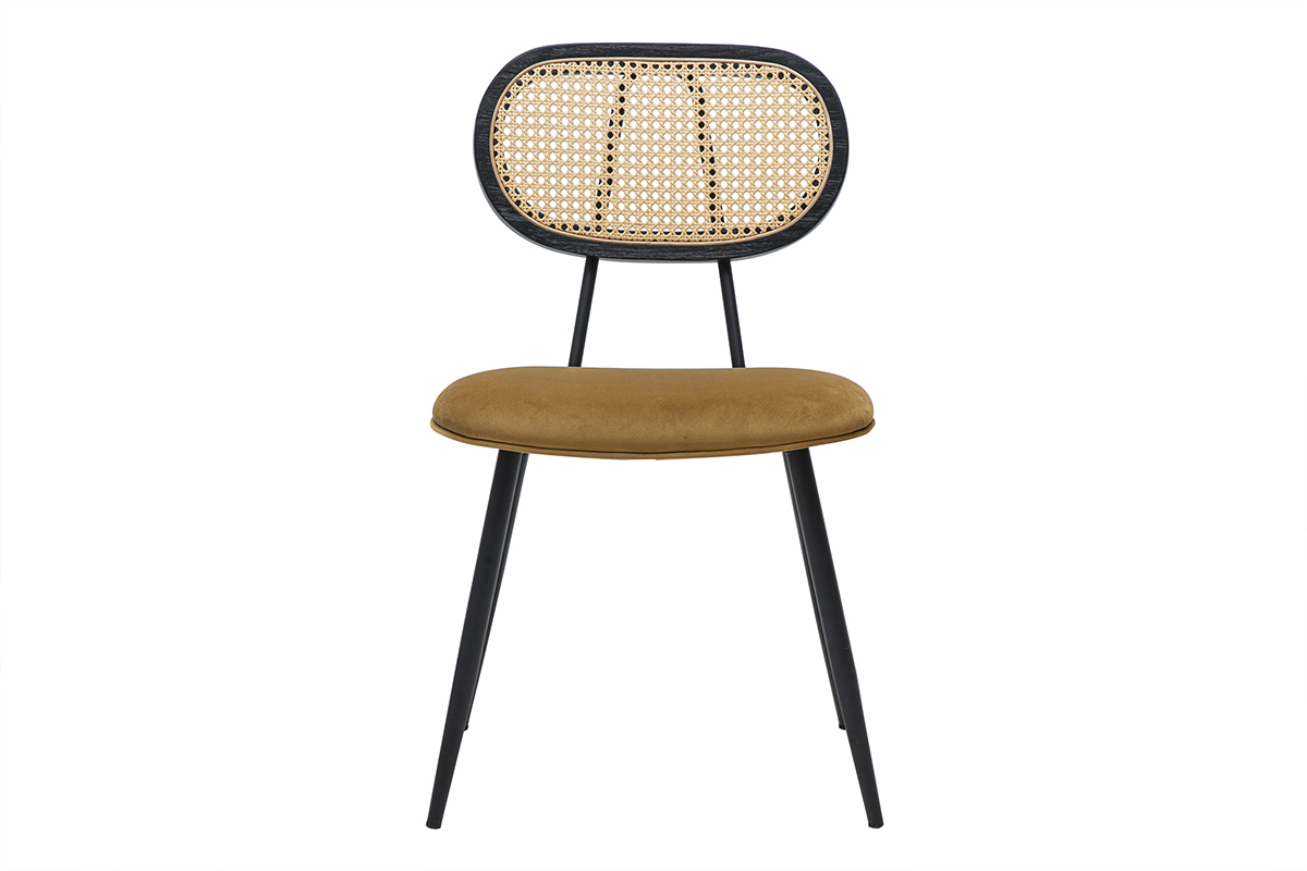 Chaise en velours bronze, m�tal noir, cannage rotin, vue de face.