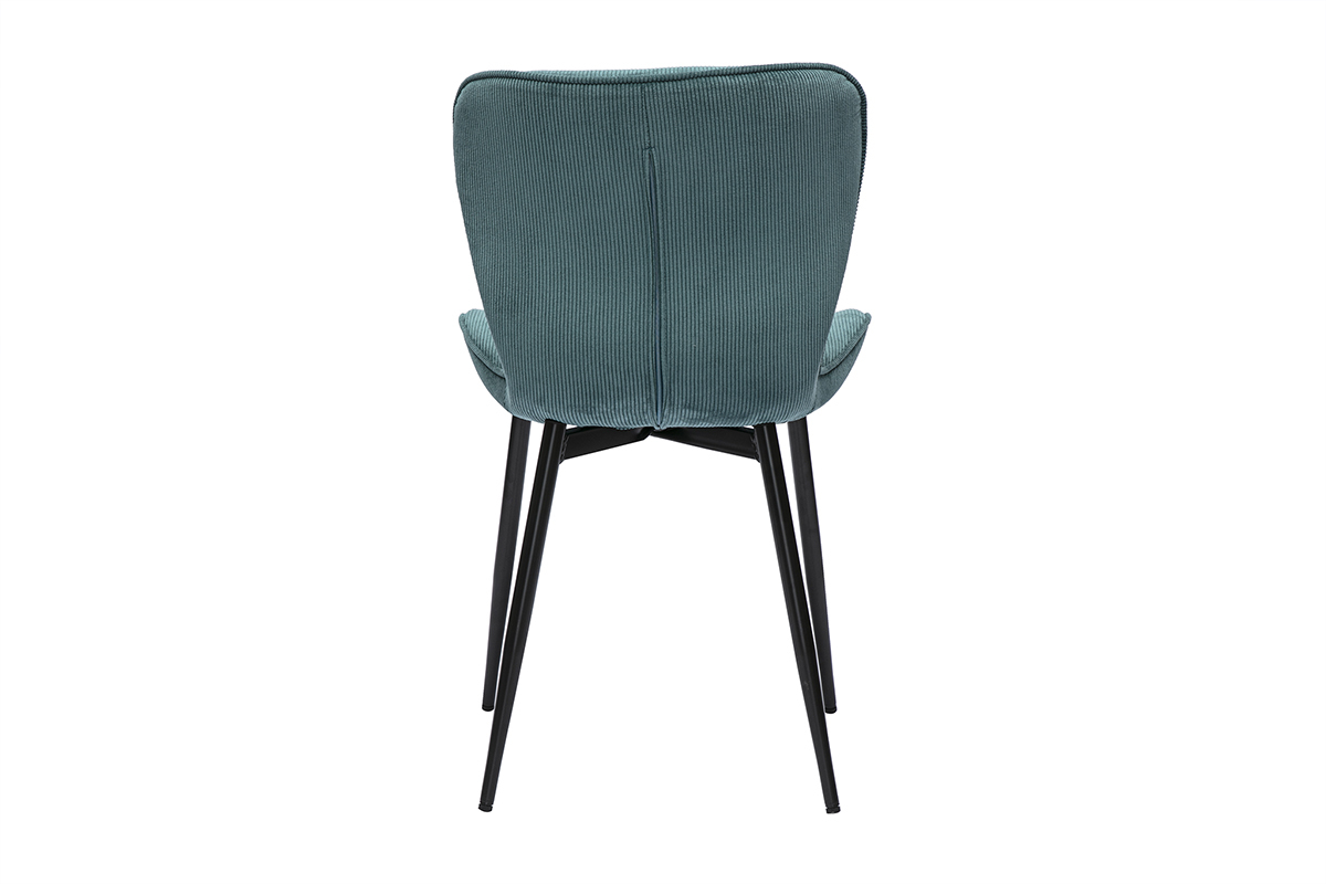 Chaise en velours c�tel� bleu canard avec pi�tement en m�tal noir, vue de dos.