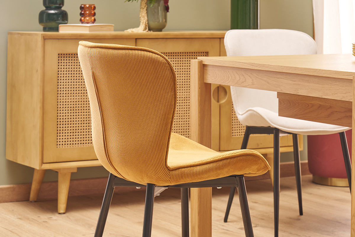Chaises design en tissu velours c�tel� jaune curry et m�tal noir (lot de 2) ADDICT
