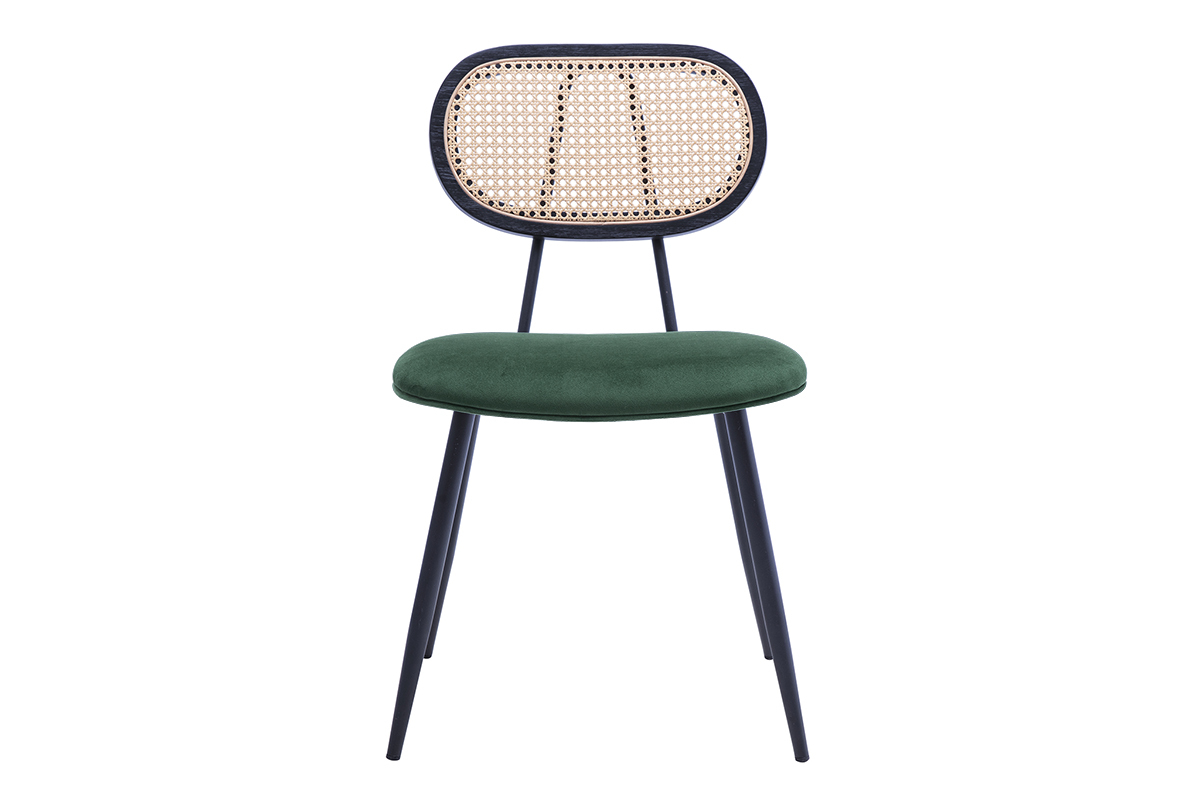 Chaise design en velours vert fonc� avec dossier en cannage rotin et pieds en m�tal noir, vue de face.