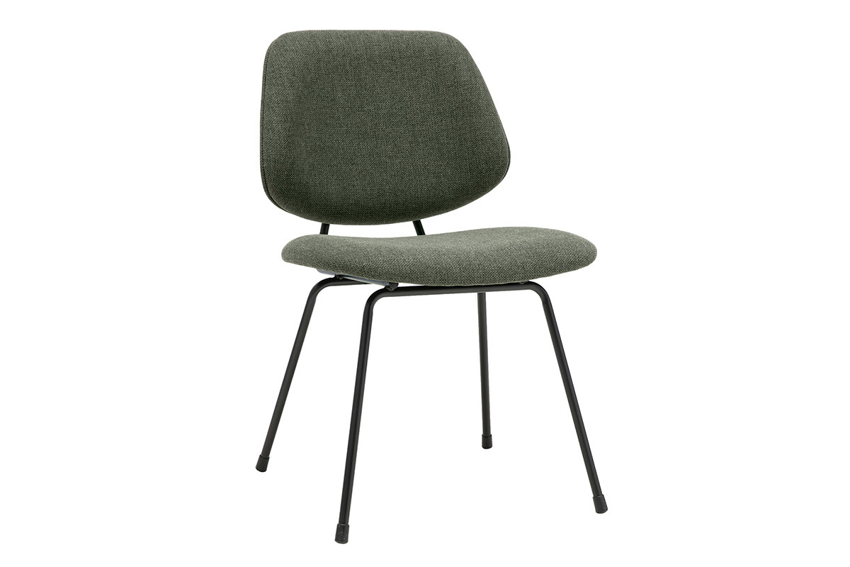 Chaise design en tissu vert kaki avec structure en m�tal noir, vue de 3/4