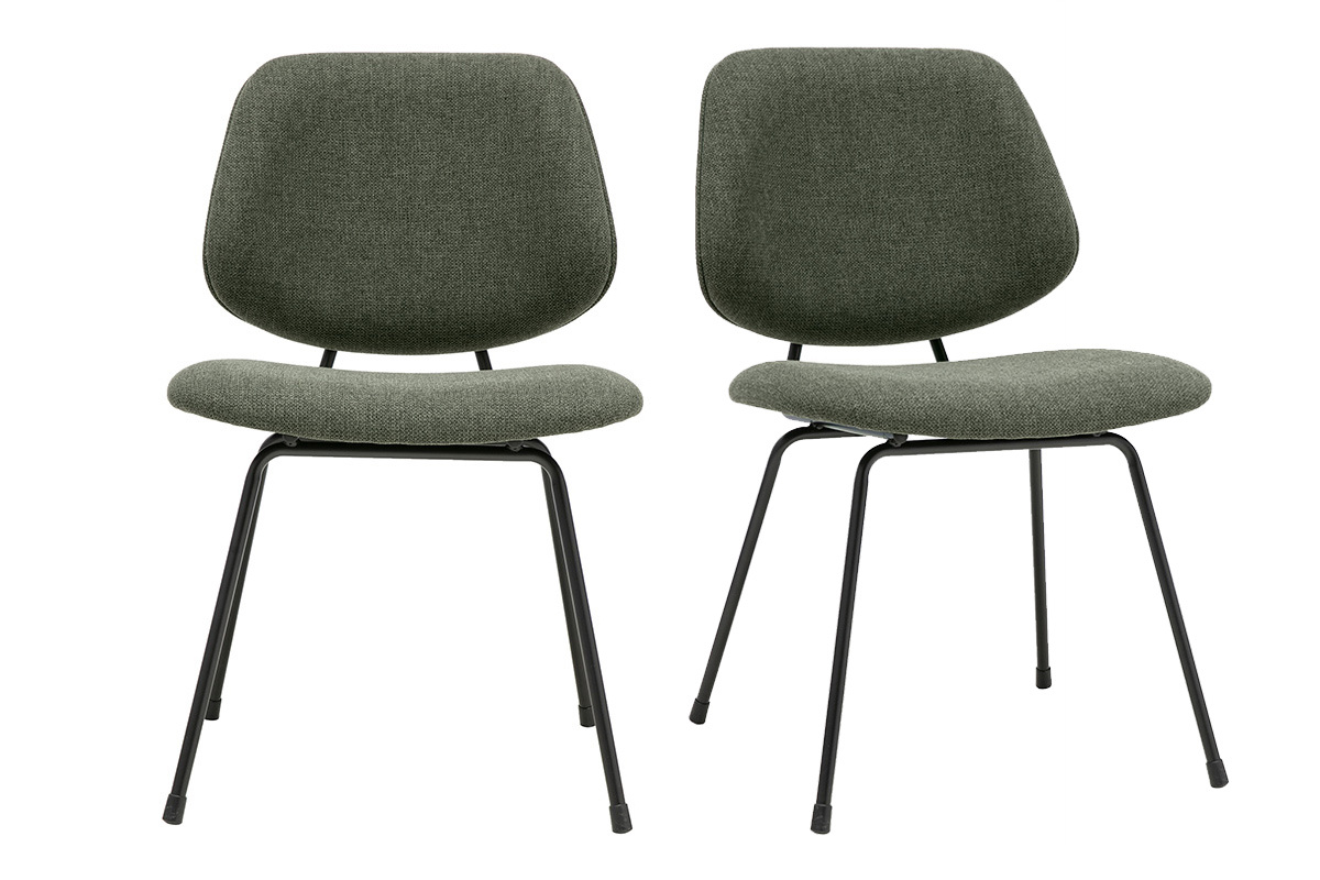 Lot de 2 chaises design en tissu vert kaki avec structure en m�tal noir, vue de face.