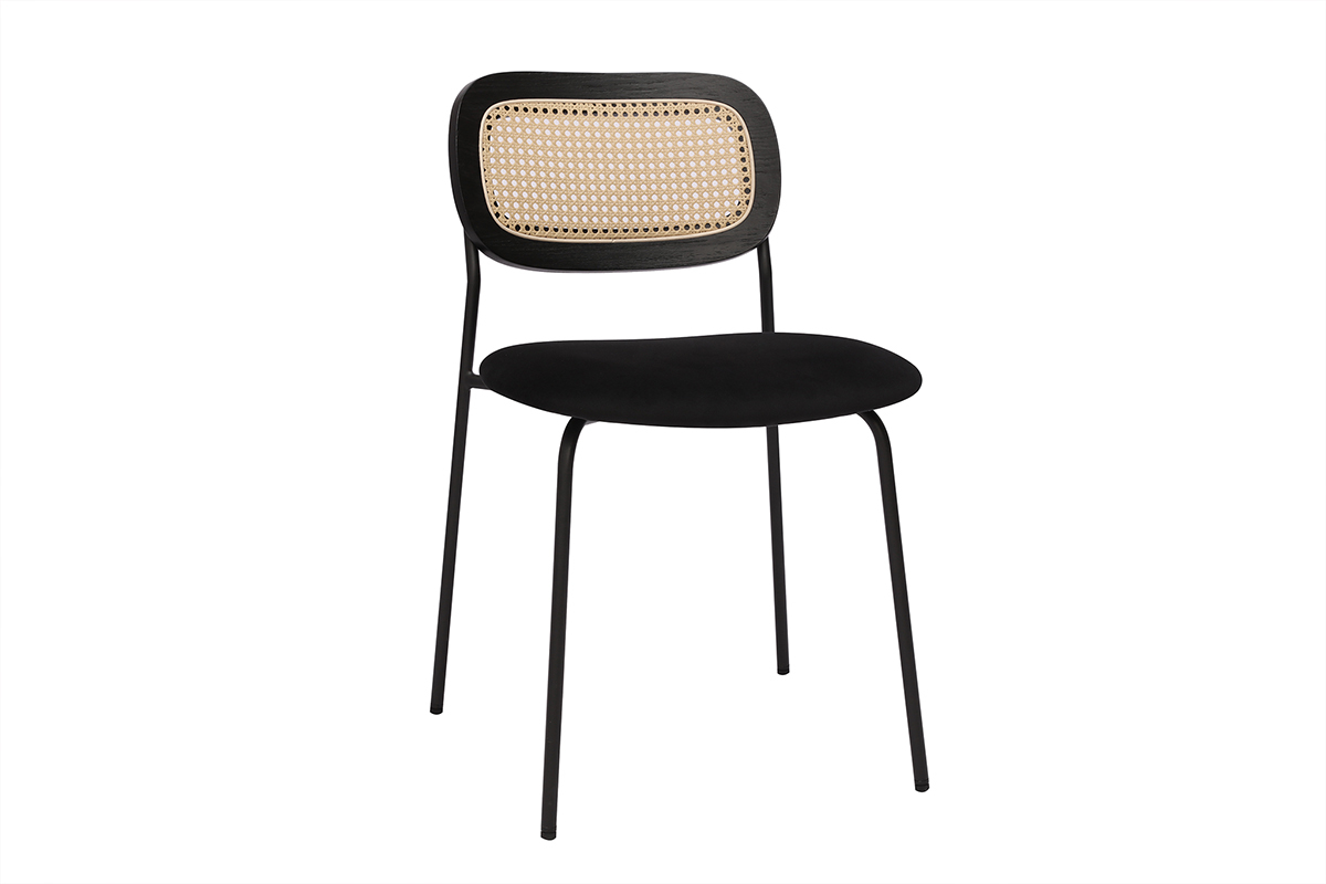 Chaises design en velours noir, m�tal noir et cannage rotin (lot de 2) MIRANDA