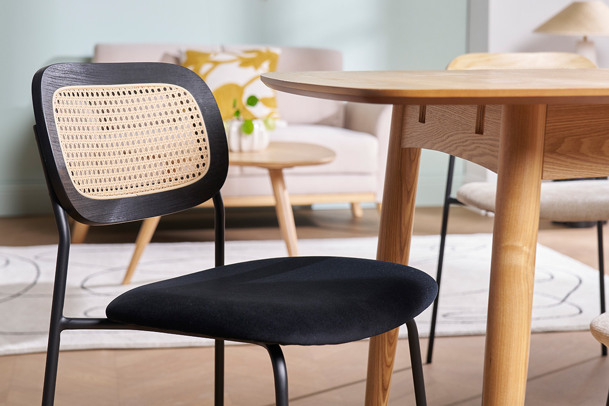 Chaises design en velours noir, m�tal noir et cannage rotin (lot de 2) MIRANDA