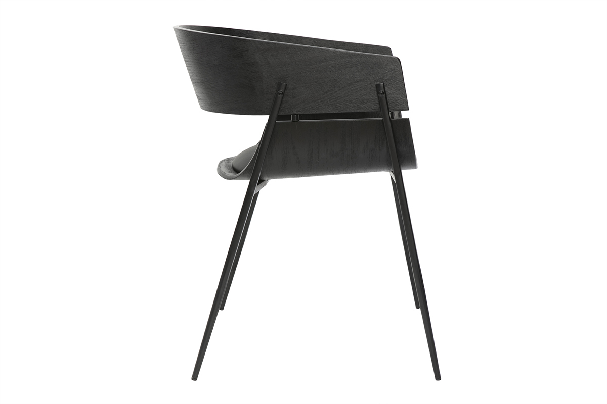 Chaise design en bois noir et m�tal avec dossier arrondi et assise en polyur�thane, mod�le WESS. Vue de profil.