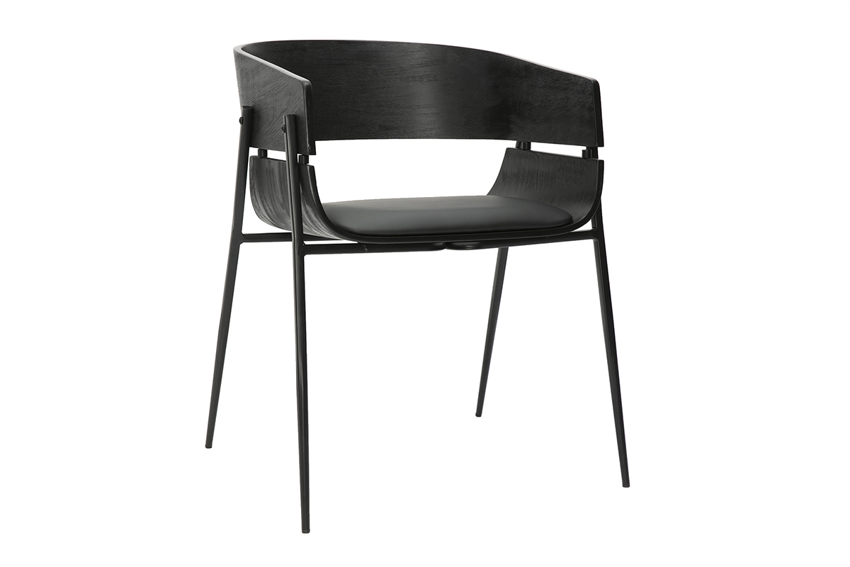 Chaise design noire WESS en bois et m�tal avec accoudoirs, vue de3/4, style vintage et contemporain.