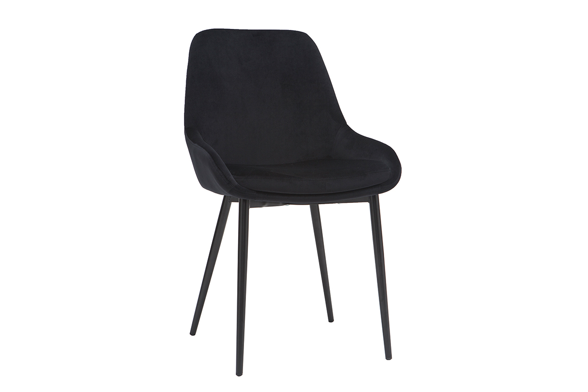 Chaise design noire en velours avec pieds en m�tal, vue de 3/4.