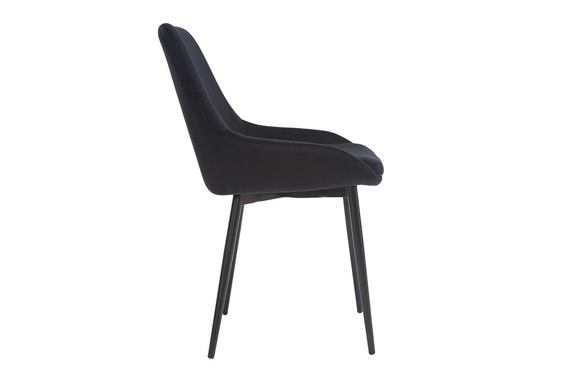 Chaise design noir en velours et m�tal, vue de profil.
