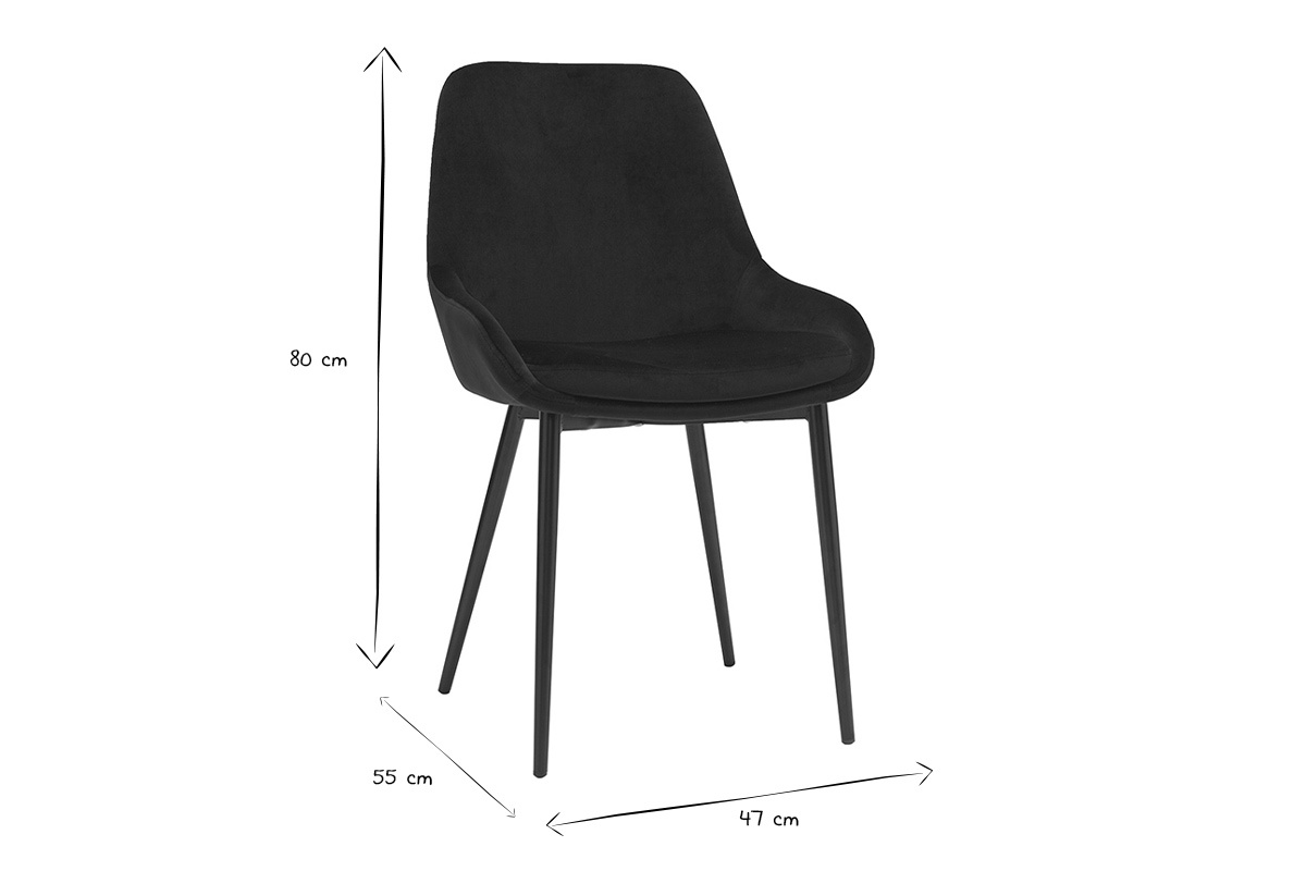 Chaise noire en velours et m�tal avec dimensions 80x55x47 cm en noir et blanc.