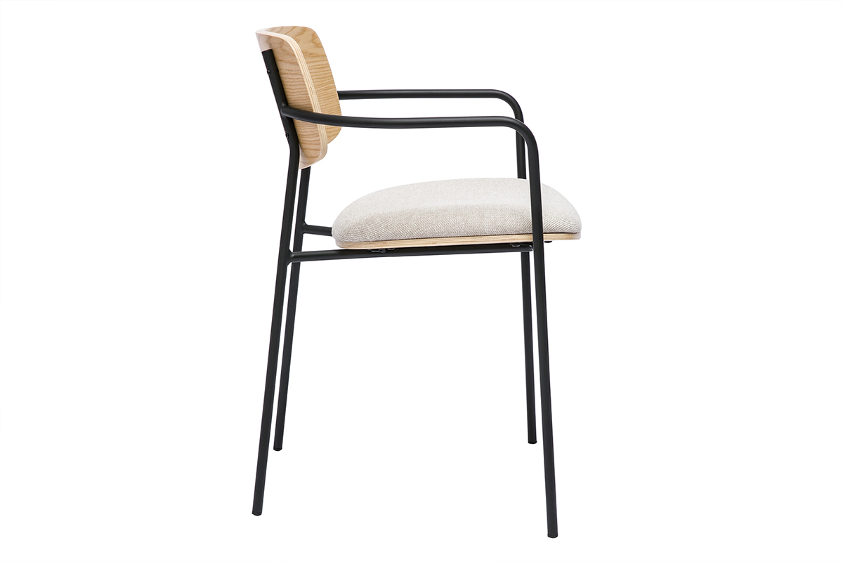 Chaises en bois clair ch�ne, tissu effet velours textur� beige et m�tal noir (lot de 2) SUSAN
