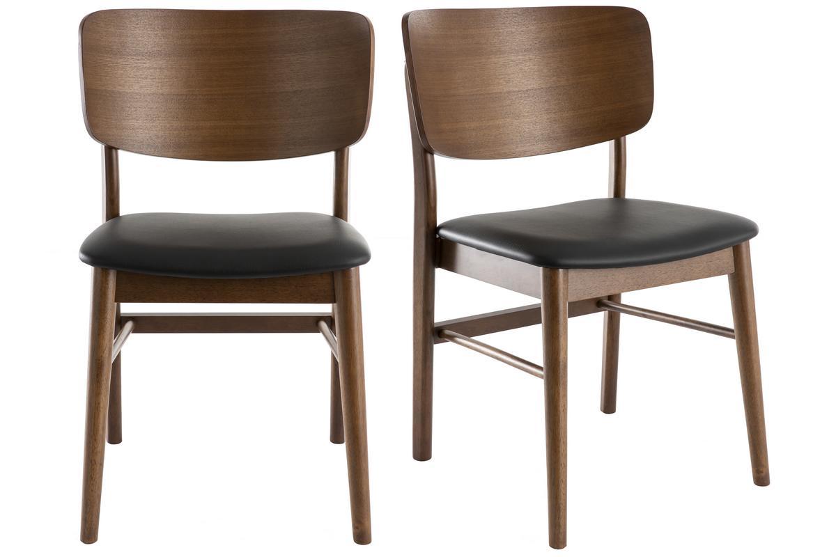 Lot de 2 chaises SHELDON en bois fonc� avec si�ge en polyur�thane noir, vue de face.