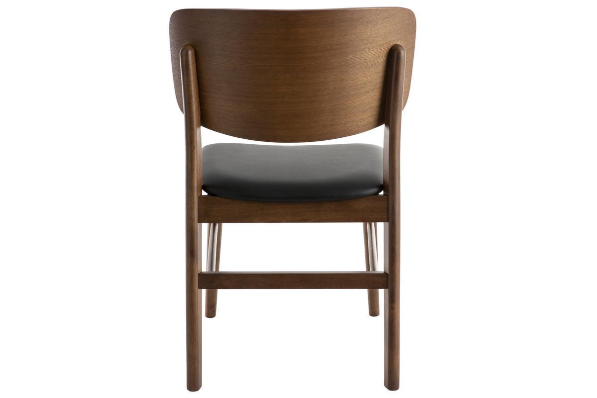 Chaise en bois fonc� avec assise en polyur�thane noir, vue arri�re.