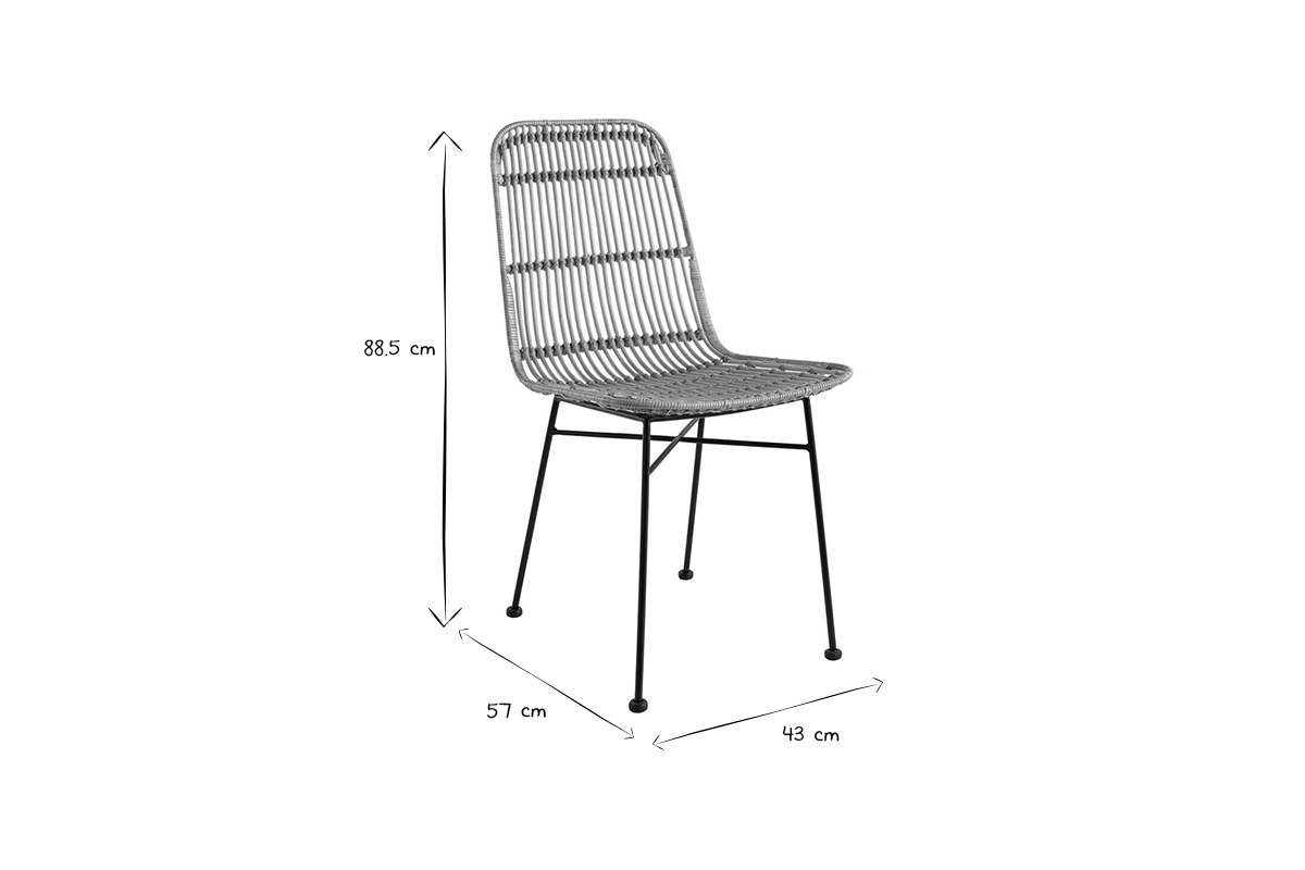 Dimensions de la chaise MALACCA en rotin et m�tal, noir et blanc, 88,5x57x43 cm.