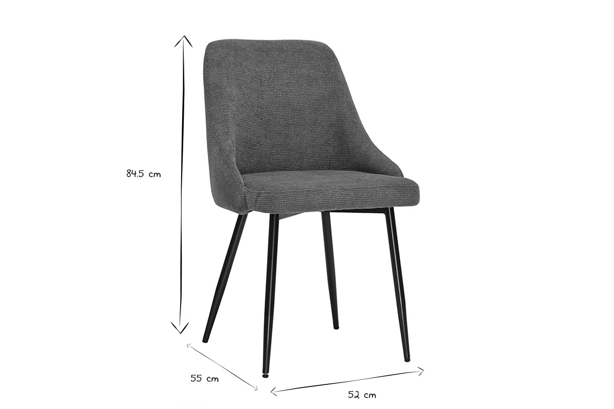 Chaise en tissu textur� noir et blanc, dimensions 84,5 cm de haut, 55 cm de profondeur, 52 cm de large.