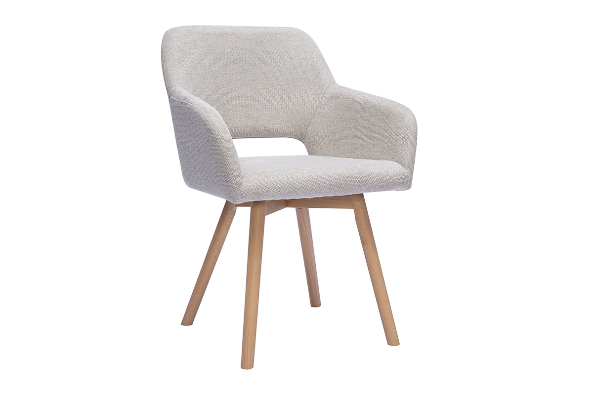 Chaise en tissu beige effet velours textur� avec accoudoirs et pieds en bois clair