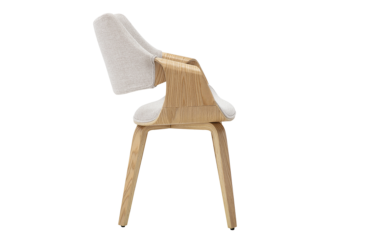 Chaise SEVAN en tissu effet velours beige avec structure en bois clair, vue de profil.