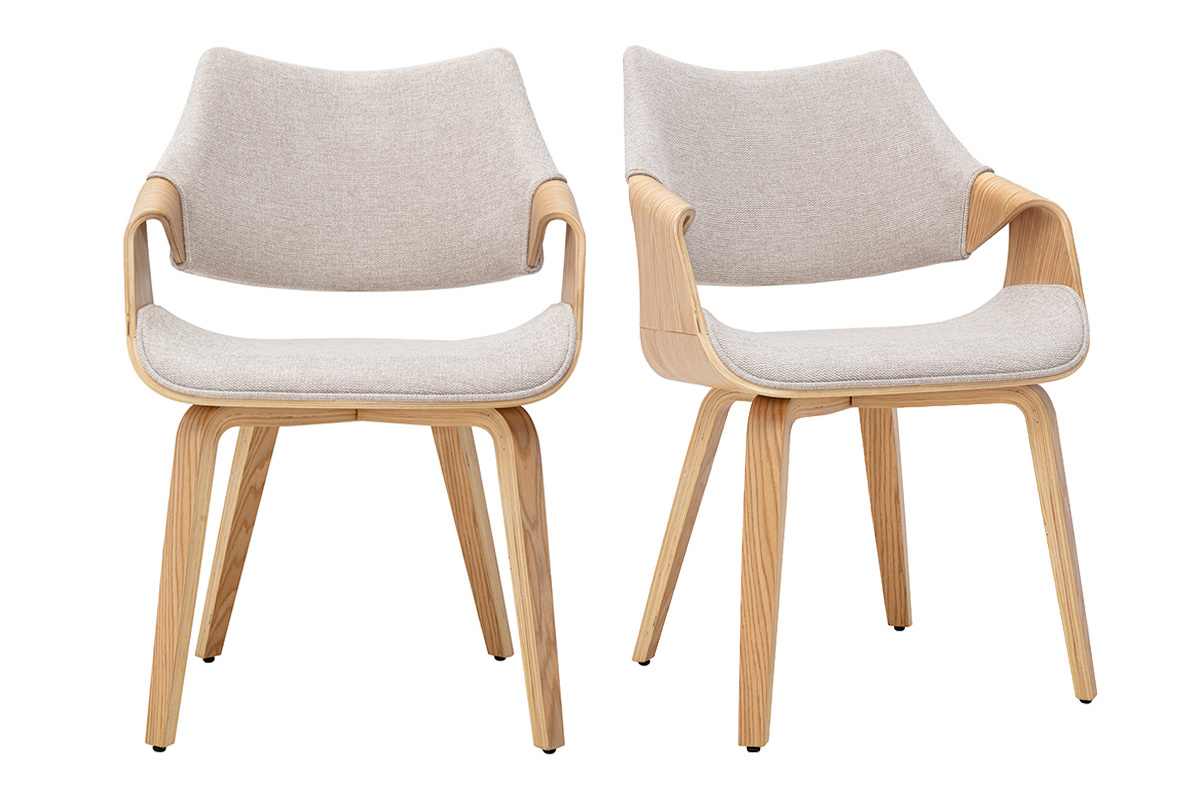 Lot de 2 chaises en tissu effet velours textur� beige et bois clair, vue de face.