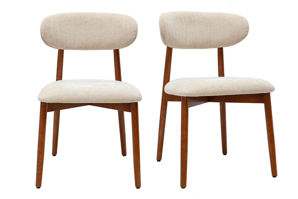 Chaises en tissu effet velours beige et bois fonc�, vue de face, lot de 2.