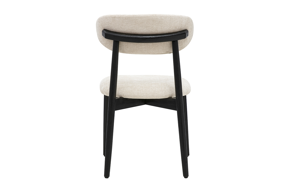 Chaise beige en tissu effet velours textur� vue de dos, avec pieds en bois noir.