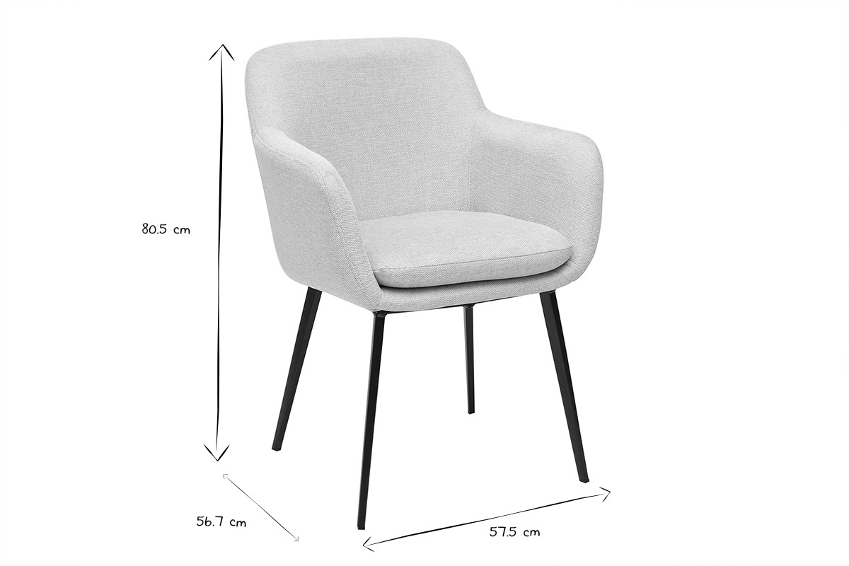 Chaise en tissu effet velours avec dimensions L57.5 x P56.7 x H80.5 cm, vue de 3/4, pi�tement en m�tal noir.