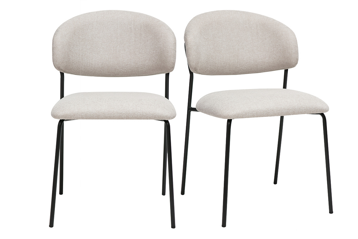 Deux chaises beiges en tissu effet velours avec pieds en m�tal noir, vue de face.