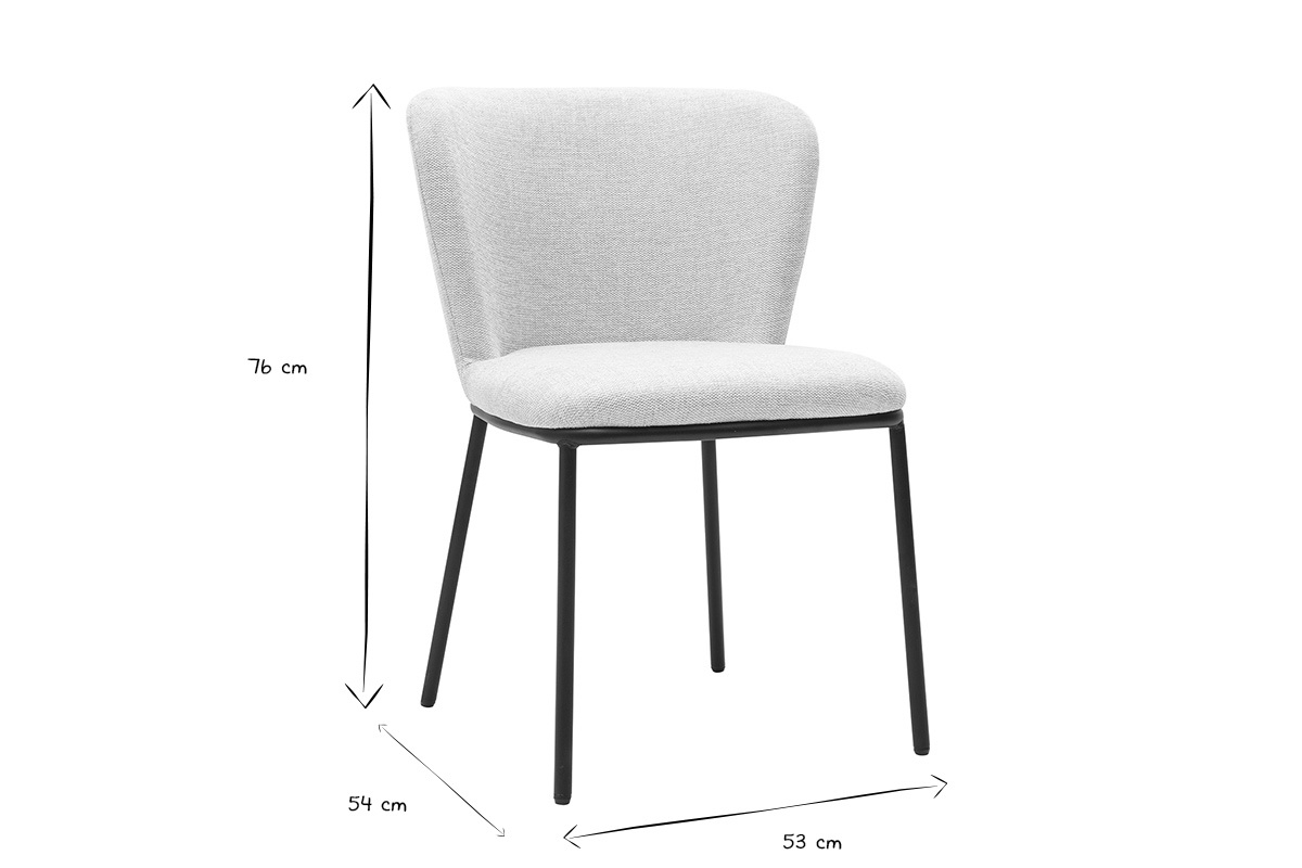 Dimensions des chaises LISOR en noir et blanc, 76 cm de hauteur, 54 cm de profondeur, 53 cm de largeur.