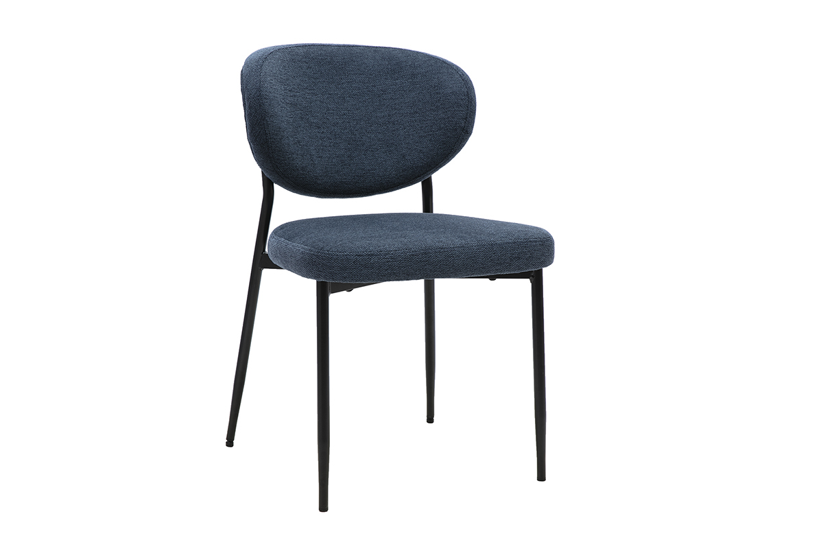 Chaise en tissu velours textur� bleu fonc� avec pi�tement en m�tal noir, vue de 3/4.