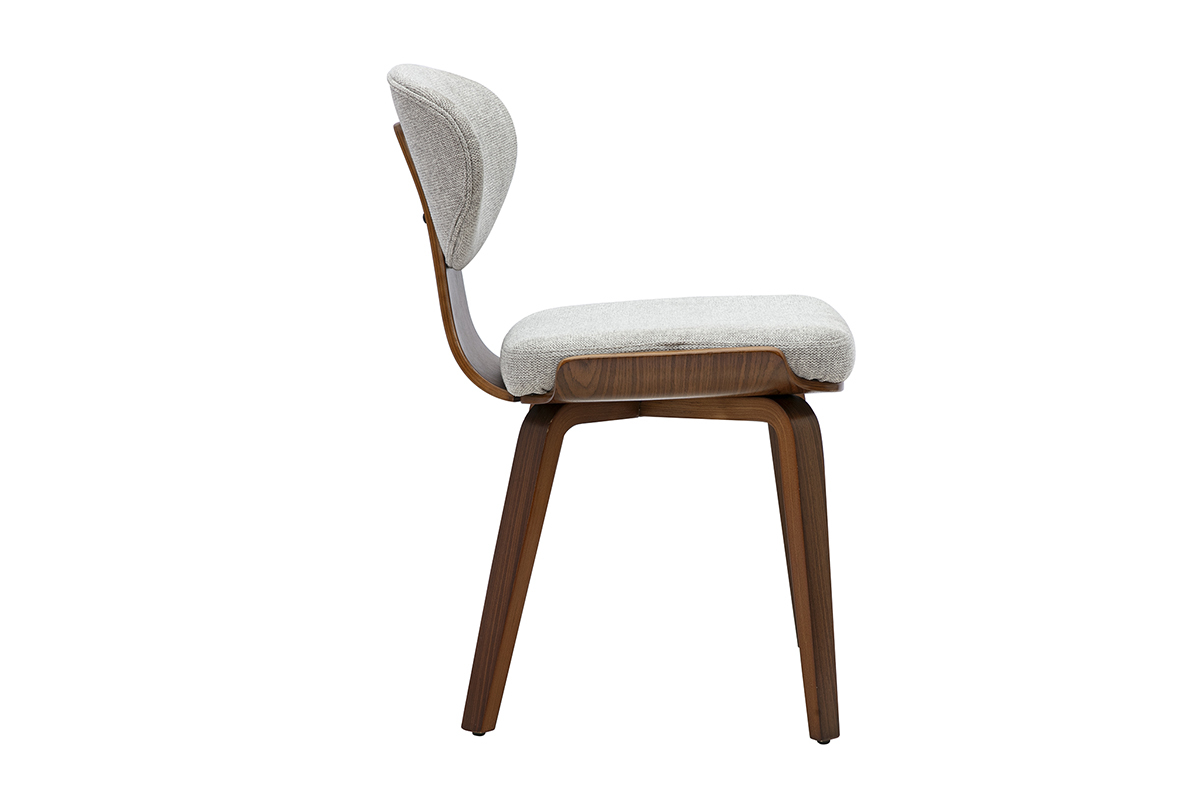 Chaise en tissu velours gris avec dossier courb� et structure en bois fonc�, vue de profil