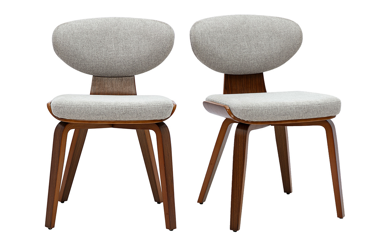 Lot de 2 chaises en tissu gris et bois fonc�, vue de face, style r�tro.