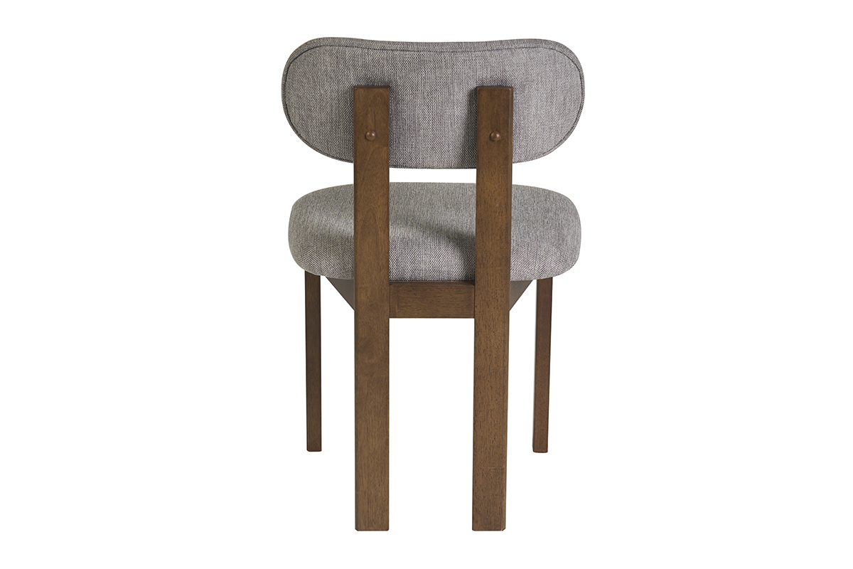 Chaise NORMI en tissu gris et bois noyer, vue de dos, design vintage moderne.