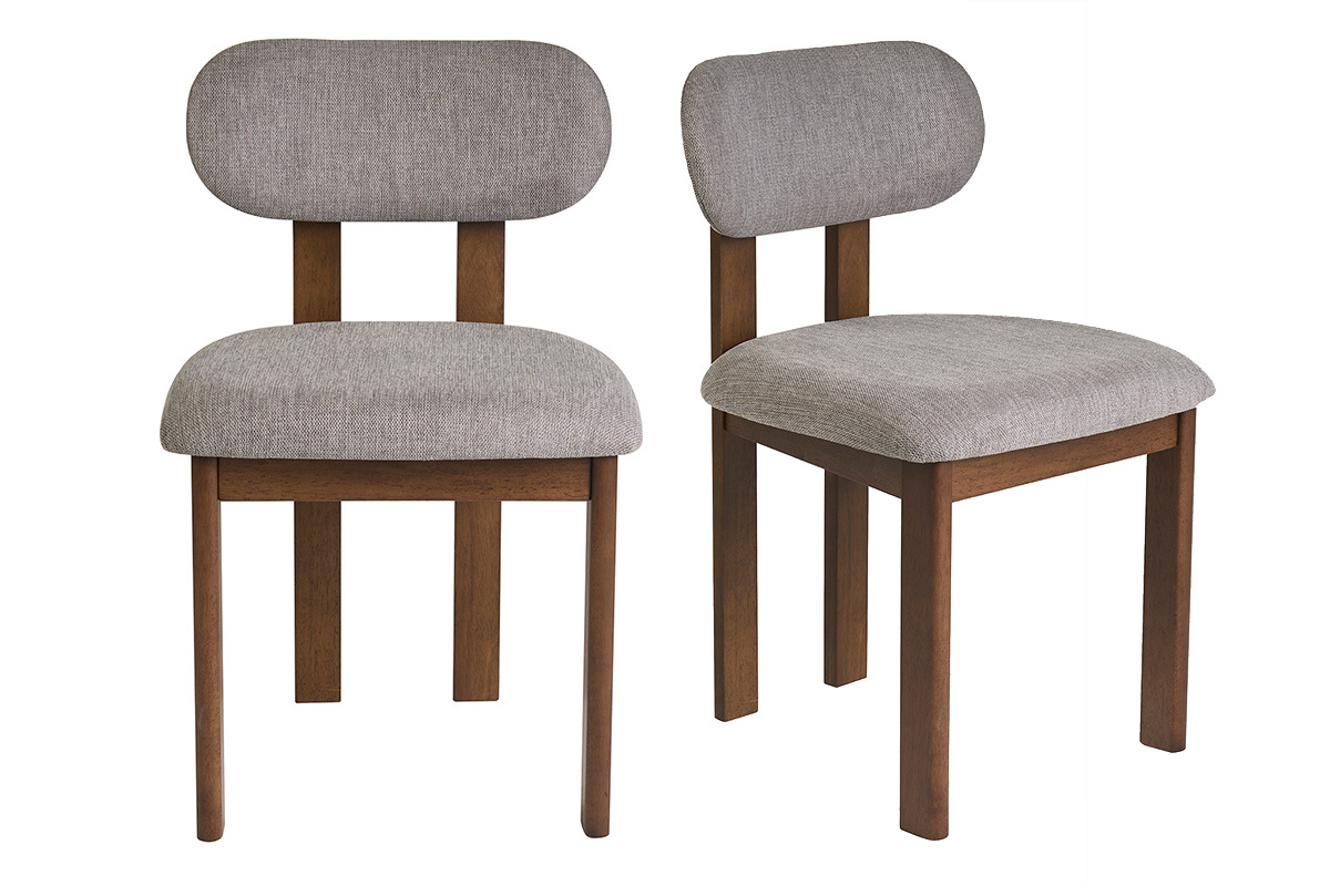 Lot de 2 chaises NORMI en tissu gris effet velours et bois fonc� noyer, vue de face.