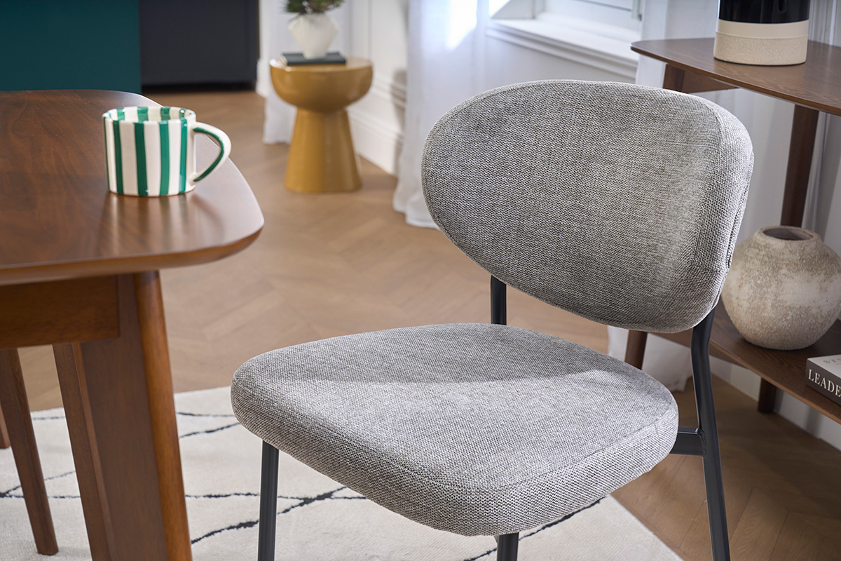Chaises en tissu effet velours textur� gris et m�tal noir (lot de 2) BREKA
