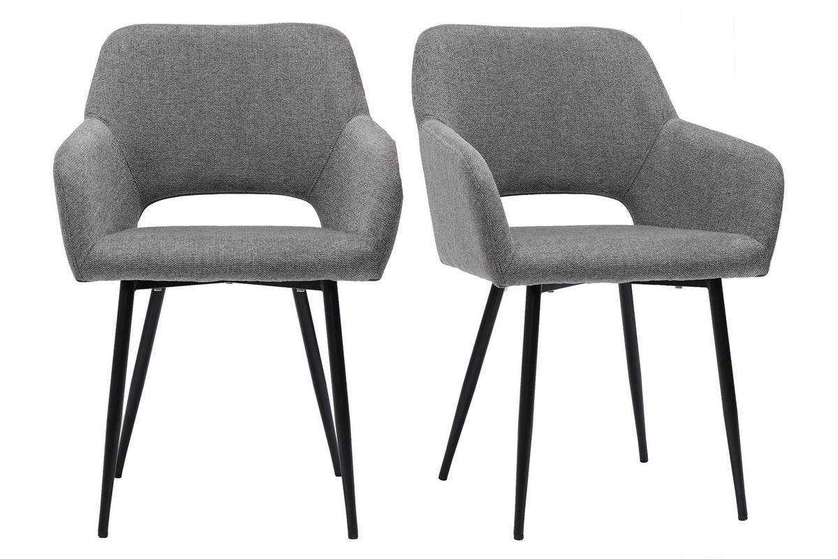 Deux chaises LAURETTE en tissu gris effet velours et pieds en m�tal noir, vue de face.