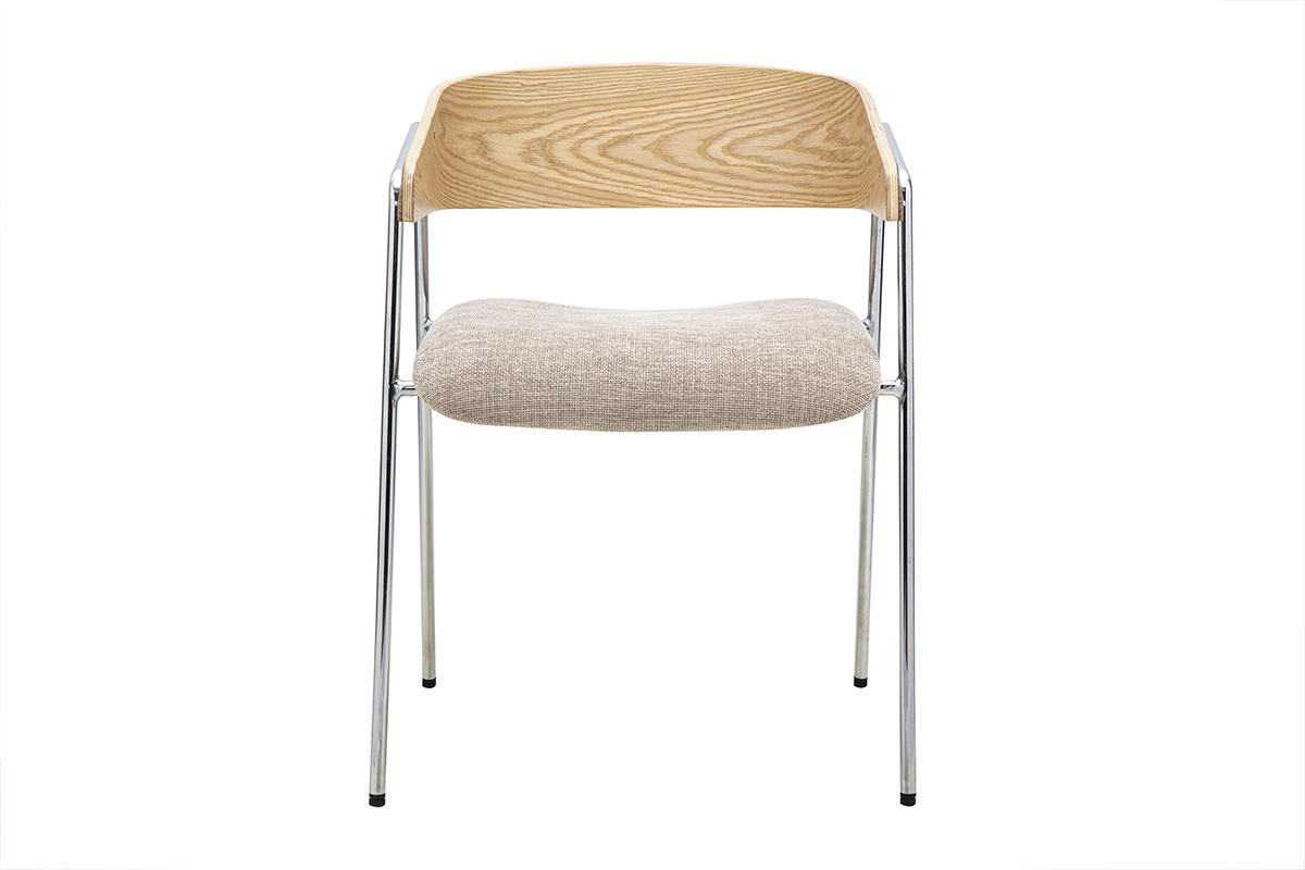 Chaise en tissu taupe avec dossier en bois clair et pieds chrom�s, vue de face.