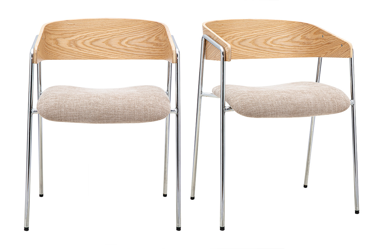 Lot de 2 chaises FANELY en tissu taupe, bois clair et m�tal chrom�, vue de face.