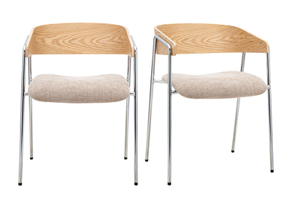 Chaises en tissu effet velours textur&eacute; taupe, bois clair et m&eacute;tal chrom&eacute; (lot de 2) FANELY