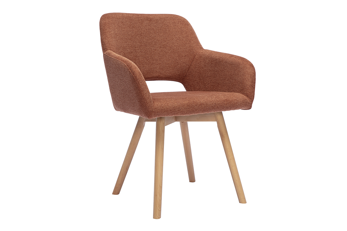 Chaise LAURETTE en tissu velours terre br�l�e avec accoudoirs et pieds en bois clair, vue de 3/4