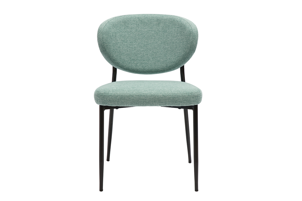 Chaise BREKA en velours vert c�ladon, structure en m�tal noir, vue de face.