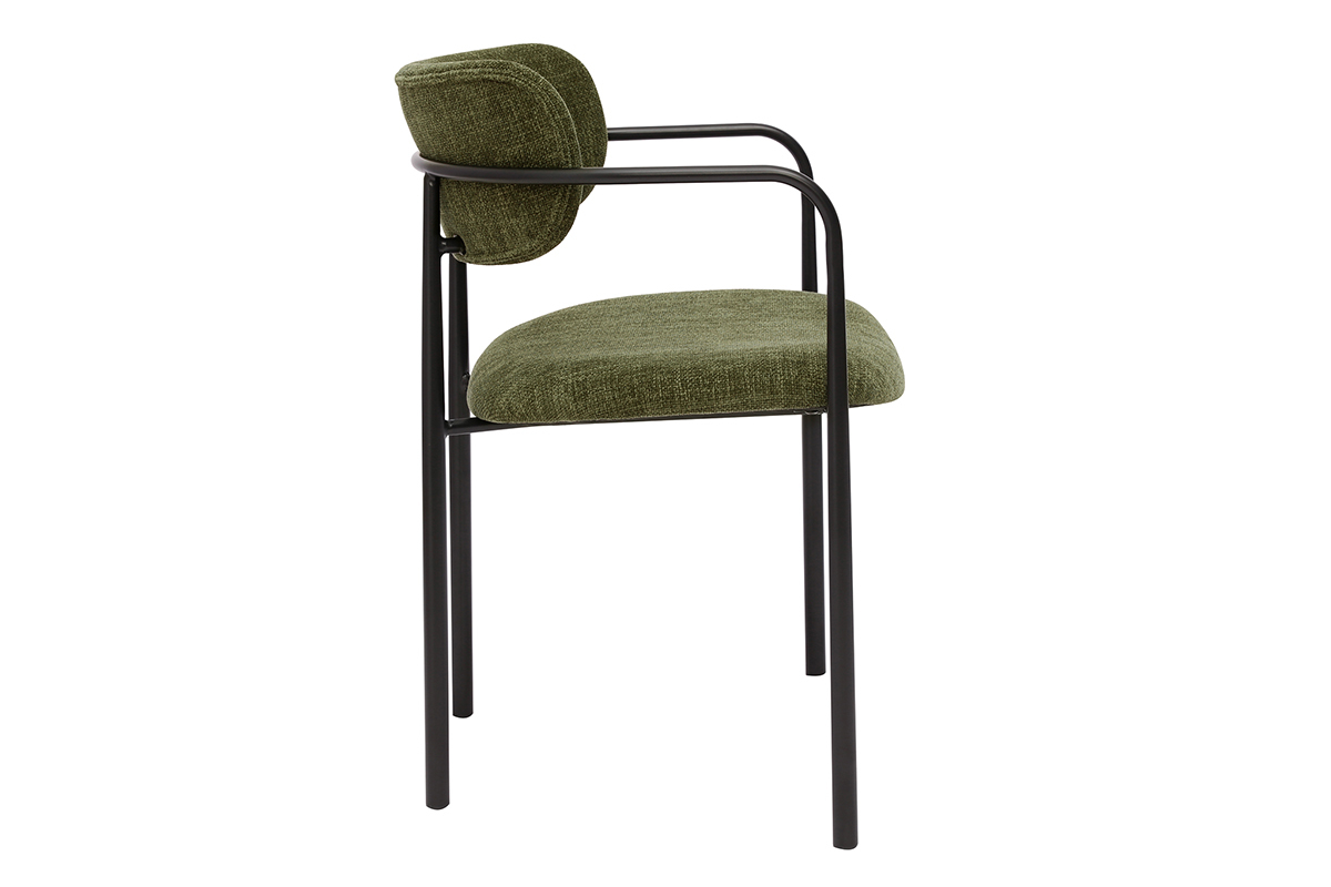 Chaise en tissu vert kaki et m�tal noir vue lat�rale.