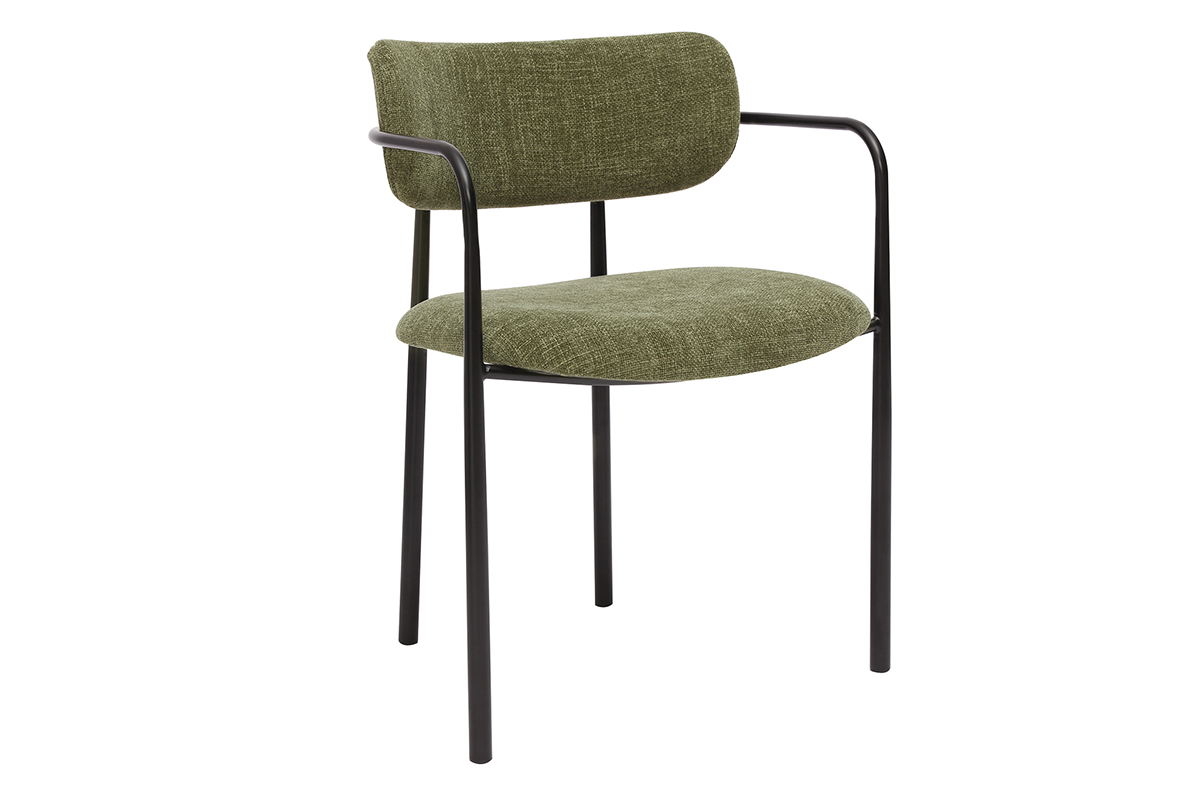 Chaise en tissu vert kaki et m�tal noir vue de 3/4.