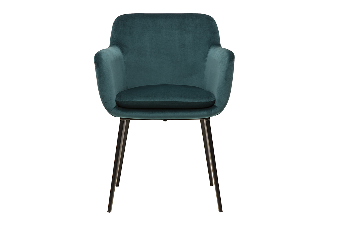 Chaise en tissu velours bleu p�trole avec pi�tement en m�tal noir, vue de face