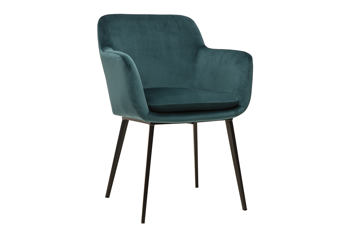 chaise de 3/4 en velours bleu p�trole avec structure en m�tal noir, mod�le AMIKA
