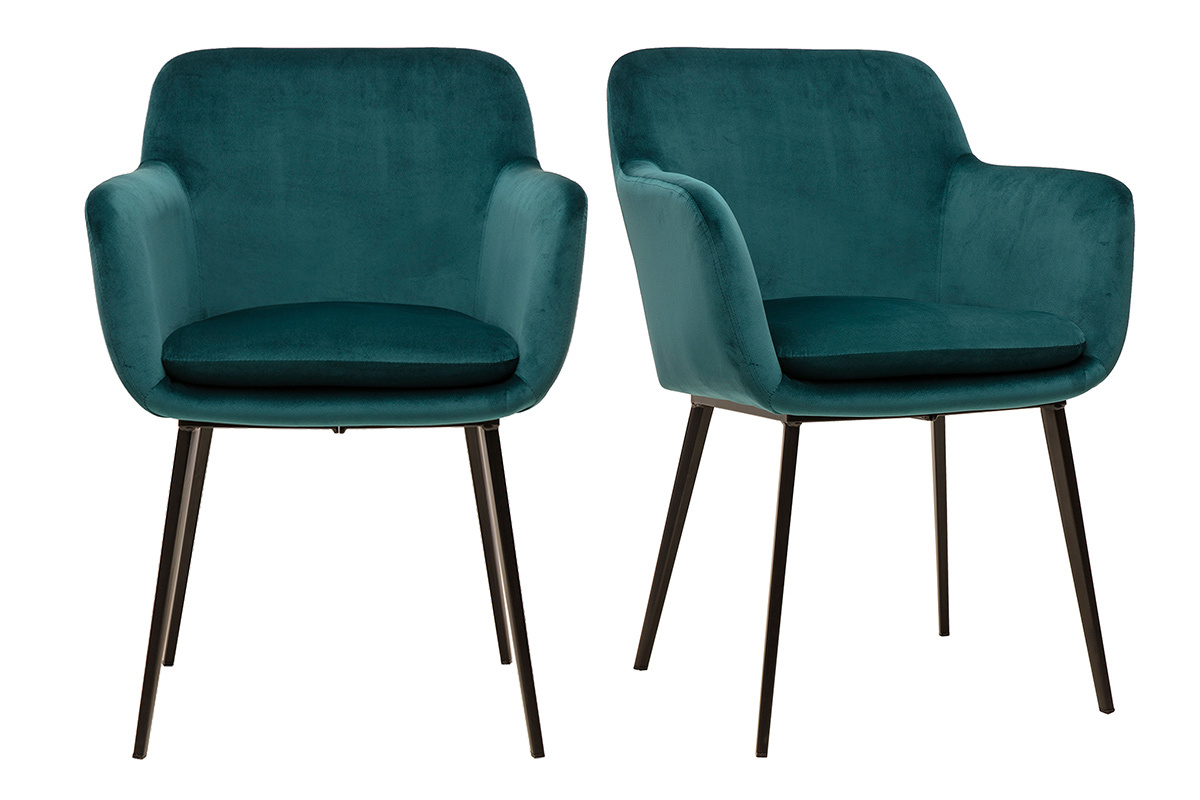 Deux chaises en tissu velours bleu p�trole avec pieds en m�tal noir, design contemporain.