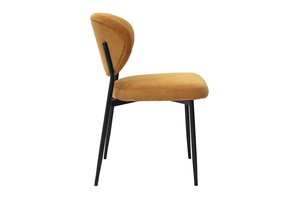 Chaise en tissu velours c�tel� jaune curry avec pi�tement en m�tal noir, vue de profil.
