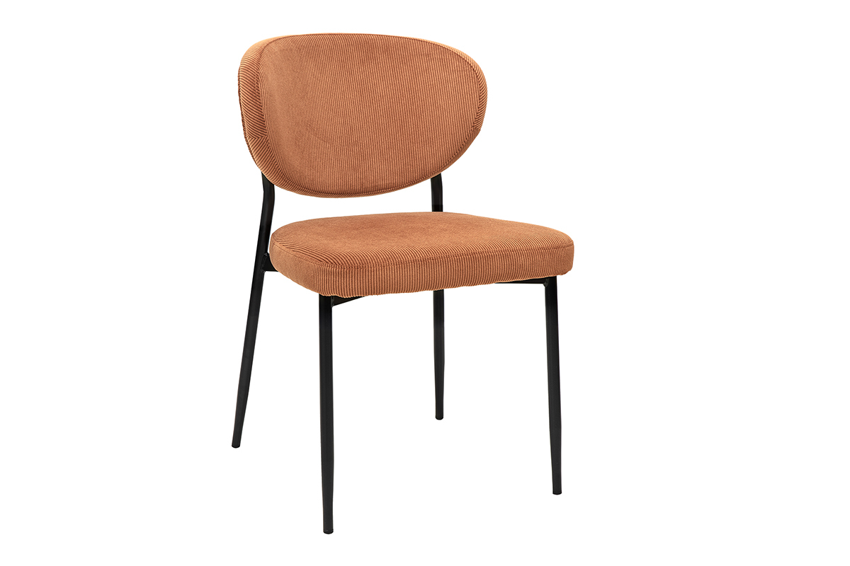 Chaise en velours c�tel� terre br�l�e et m�tal noir vue de 3/4.