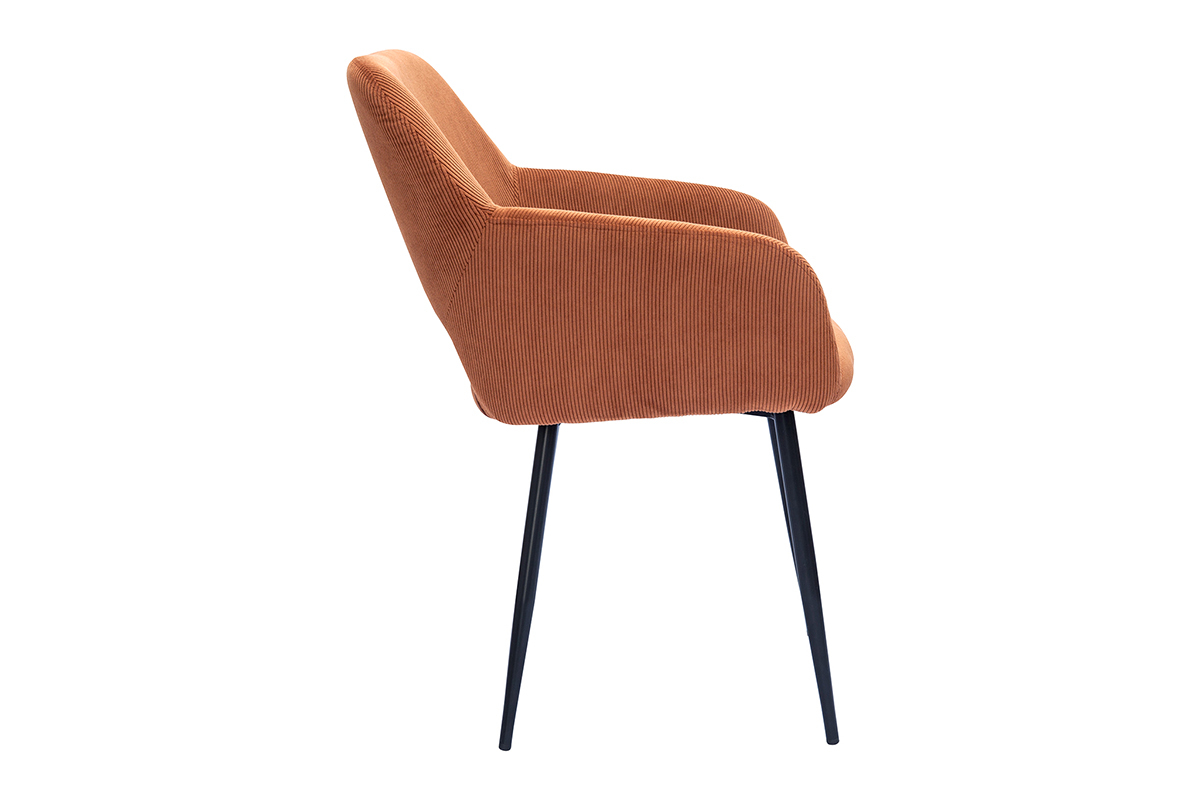 Chaise en velours c�tel� terre br�l�e, vue de c�t�, pi�tement m�tal noir.