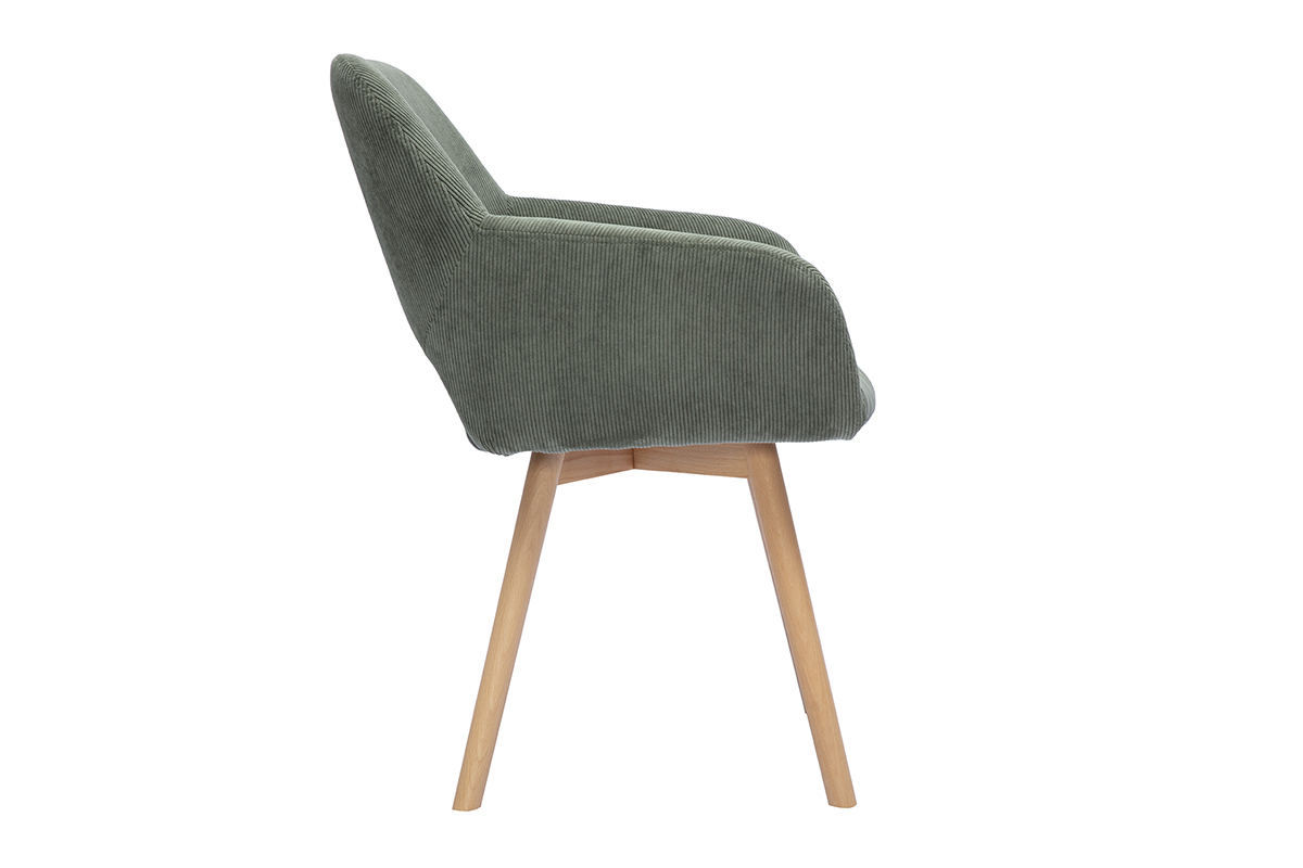 Chaise en tissu velours c�tel� vert kaki, vue de profil, avec pieds en bois clair.